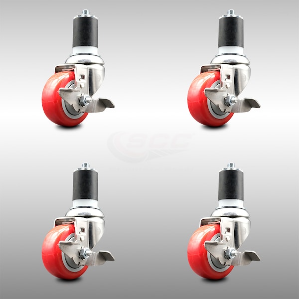 Service Caster 3 Inch 316SS Red Poly Swivel 1-3/4 Inch Expanding Stem Caster Set Brake SCC SCC-SS316EX20S314-PPUB-RED-TLB-134-4 - main